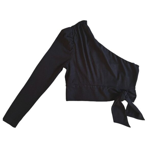 NWT Free People Jayne Black One Shoulder Tie Wrap Top M asymmetrical blouse - Picture 2 of 7